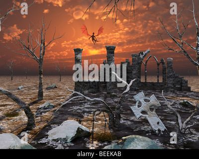 Un unico Dragon battenti per i ruderi di una vecchia chiesa Foto Stock