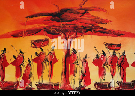 African dipinto in rosso e arancio che mostra Masai tribù sotto Acacia Foto Stock