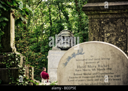 Un Uomo in camicia marrone rossiccio sorge di fronte alla tomba di Karl Marx nel cimitero di Highgate Londra Inghilterra. Foto Stock