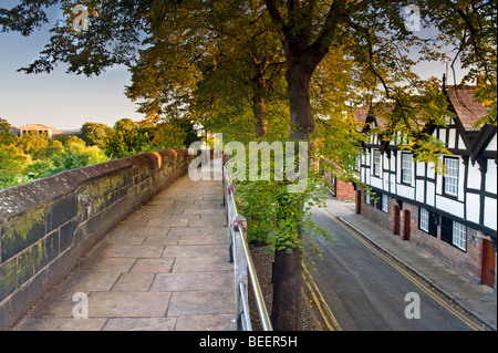 Nove case e le mura romane, Chester, Cheshire, Inghilterra, Regno Unito Foto Stock