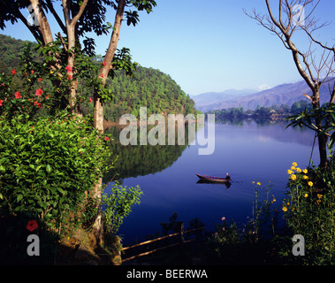 Nepal - Lago Phewa Tal dominata dalla coda di pesce Machapuchhare di montagna nella catena Hannapurna a Pokhara Foto Stock