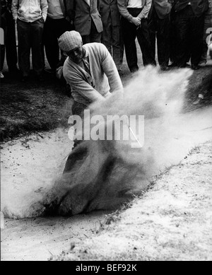 Giocatore di golf Arnold Palmer colpendo un colpo al di fuori di un bunker a Open campionati di golf presso il Royal Troon Golf Club. Foto Stock