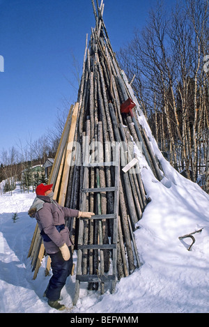 Uomo in abbigliamento pesante sorge accanto alla legna da ardere impilati uno stile di Terranova, seduto in posizione eretta in modo che possa essere trovato nella neve profonda Foto Stock