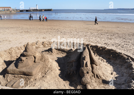 La scultura di sabbia sulla spiaggia di Scarborough, North Yorkshire, Regno Unito Foto Stock