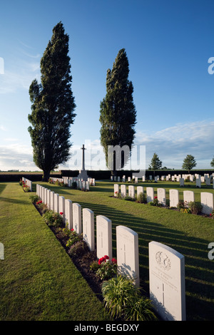 Prima Guerra Mondiale britannica cimitero militare con alberi di pioppo. Foto Stock