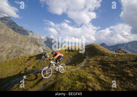 Due mountain bike cavalcare un singletrack trail in Les Arcs nelle Alpi francesi. Foto Stock