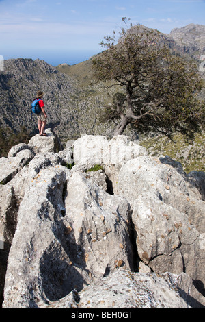 Erosione calcarea di montagna con la femmina escursionista cercando in Torrent de Pareis Mallorca Spagna Spain Foto Stock