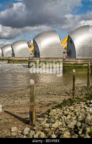 Chiudere verticale fino a monte della Thames Flood Barrier chiusa per lavori di manutenzione a Londra in una luminosa giornata di sole. Foto Stock