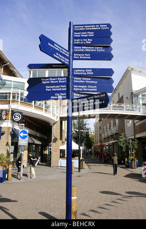 Cartello con le indicazioni scritte in inglese e gallese visto nella città di Cardiff Galles Foto Stock