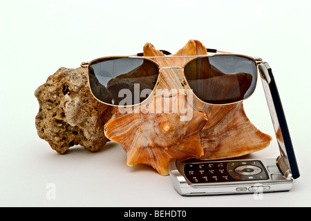 Grande conchiglia con occhiali da sole accanto a un cellulare vecchio stile e un pezzo di coquina Foto Stock