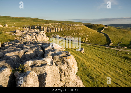 Pavimentazione di pietra calcarea vicino Conistone, Superiore Wharfedale, nel Yorkshire Dales National Park, Inghilterra Foto Stock