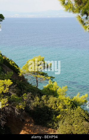 Greco paesaggio costiero che si affaccia sul Golfo Toroneos a Nea Fokea (Calcidica) Grecia settentrionale Foto Stock