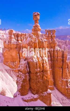 La luce del mattino e di polvere fresca su Thor's Martello e hoodoos al di sotto del punto di Sunrise, Parco Nazionale di Bryce Canyon, Utah Foto Stock