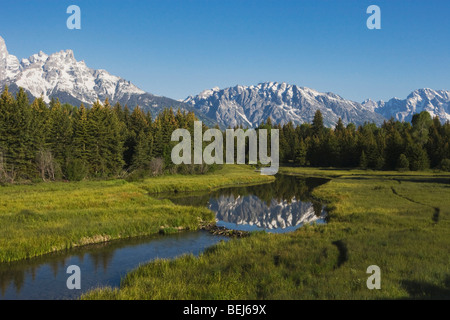 Grand Teton range e Beaver Dam, Snake River, Grand Teton National Park, Wyoming USA Foto Stock