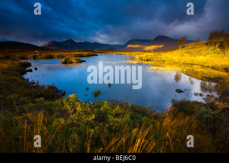 La Scozia, Highlands scozzesi, Rannoch Moor. La mattina presto il sole sul Rannoch Moor con la vetta del Monte Nero a distanza Foto Stock