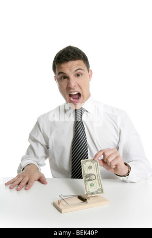 Imprenditore e dollaro in una trappola di topo isolata su bianco Foto Stock