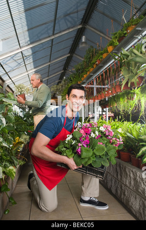 Uomo con una cassa di piante in un giardino centrale con un cliente in background Foto Stock