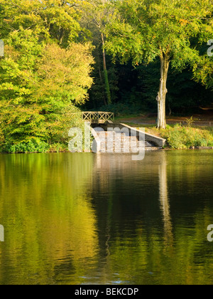 La Cascata Ponte e il secondo stagno sul Gnoll Station Wagon Country Park in Neath Port Talbot Wales UK Foto Stock