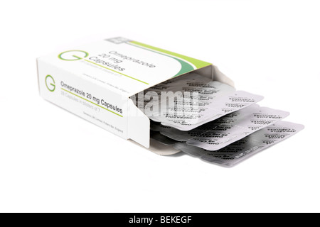 Casella e confezioni blister di omeprazolo Gastro-Resistant capsule impiegate per il trattamento di ulcere Foto Stock