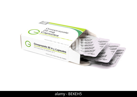 Casella e confezioni blister di omeprazolo Gastro-Resistant capsule impiegate per il trattamento di ulcere Foto Stock