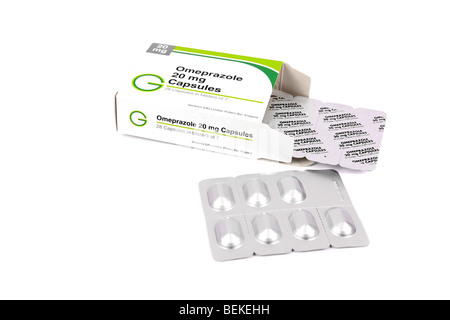 Casella e confezioni blister di omeprazolo Gastro-Resistant capsule impiegate per il trattamento di ulcere Foto Stock
