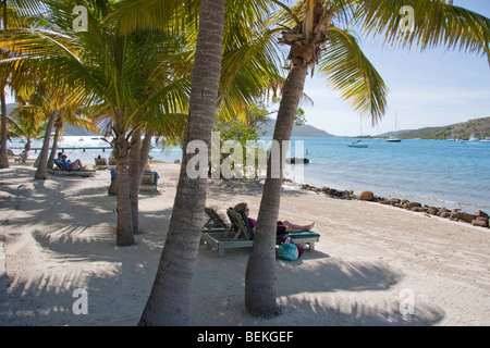 Vacanzieri relax sotto le palme sulla spiaggia al Bitter End Foto Stock