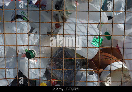 Una varietà di bottiglie di plastica in una raccolta della gabbia o contenitore pronto per il riciclaggio Foto Stock