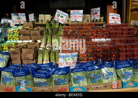 Fichi verdi, asparagi verdi, romaine cuori hydroponic, pomodori, uva e pomodori in vendita al di fuori di un negozio di alimentari in New York Foto Stock