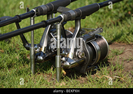 Close-up di metallo lucido di bobine di coppia di canne da pesca sui supporti fissati nel terreno di erba coperta lago a Surrey, Regno Unito. Foto Stock