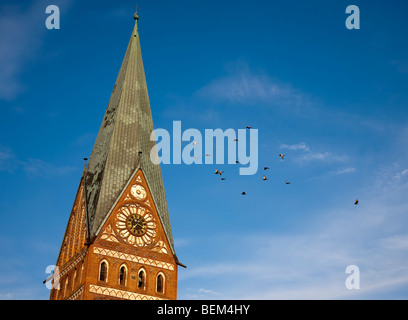 Uccelli passato torre pendente di St Johannis chiesa Luneburg Germania Foto Stock