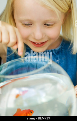 Bambina guardando goldfish nel recipiente Foto Stock