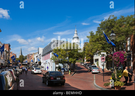 Strada principale guardando verso il Maryland State House, Annapolis, Maryland, Stati Uniti d'America Foto Stock