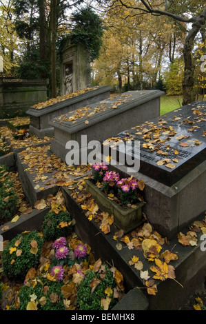 Fiori su vecchie lapidi coperto di foglie di autunno presso il cimitero di novembre Foto Stock