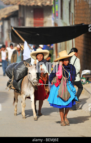 CAJABAMBA PERÙ - 6 settembre: donne trasportano i prodotti al mercato da asino in Cajabamba, Perù il 6 settembre 2009 Foto Stock