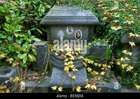 Vecchie foto su dimenticata Tomba Infestata da Erbacce / tomba coperta di vegetazione al cimitero in autunno Foto Stock