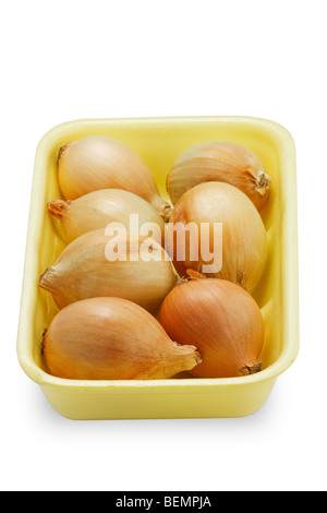 Onion s vassoio come di solito si può trovare in un supermercato. Isolato su sfondo bianco. Foto Stock