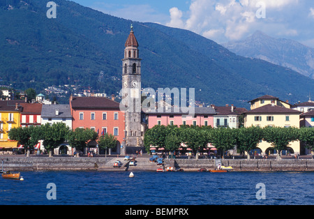 Cityscape Ascona, Boardwalk,Lago Maggiore, Ticino, Svizzera Foto Stock