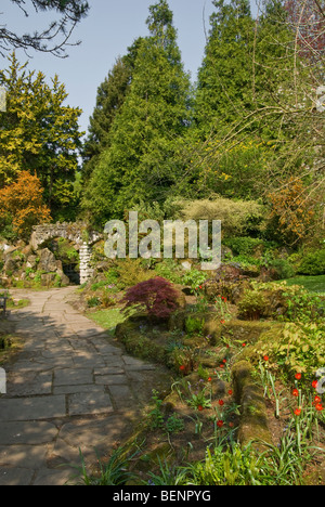 I tulipani moss felci arcata in pietra conifere epimedium acer [Newby Hall] Ripon [North Yorkshire] Foto Stock