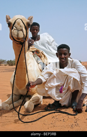 Due ragazzi Nubiano vestito in thawbs con dromedario camel (Camelus dromedarius) nel deserto nubiano sudanese, Nord Africa Foto Stock