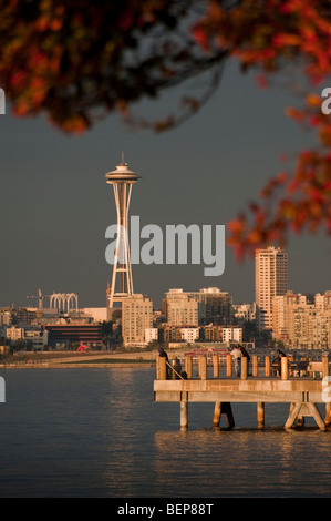 Su una bella cascata di giorno la gente godere la skyline di Seattle e lo Space Needle guardando al di sopra della Baia di Elliott da Alki Beach. Foto Stock