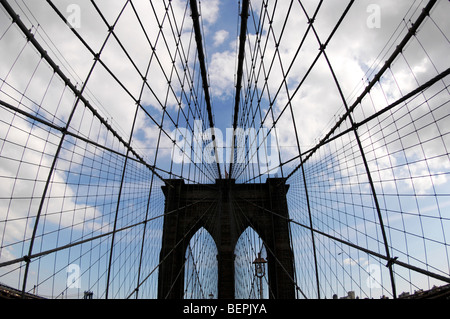 Il Ponte di Brooklyn a New York City sparato contro un cielo blu con un obiettivo grandangolare. Foto Stock