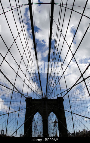 Il Ponte di Brooklyn a New York City sparato contro un cielo blu con un obiettivo grandangolare. Foto Stock