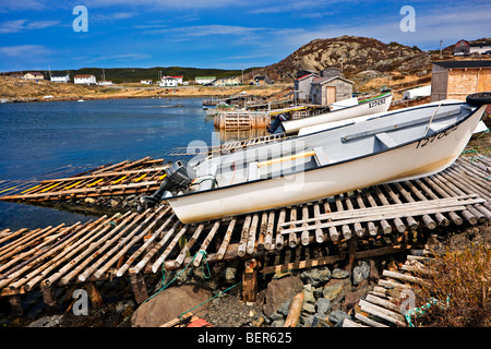 Barche di bolina su rampe di legno in St Lunaire-Griquet Harbour, St Lunaire-Griquet, Viking Trail, Highway 436 lungo il tragitto per l'Anse Foto Stock