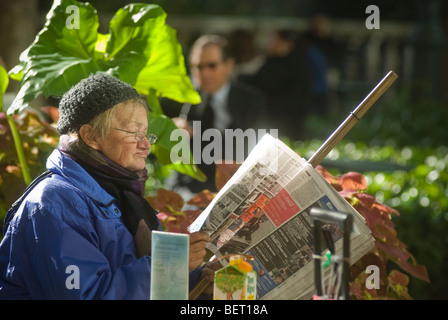 Un visitatore a Bryant Park di New York legge un giornale in The Bryant Park Sala lettura area del parco Foto Stock