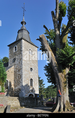 La chiesa di San Martino / église Saint-Martin a Crupet, Namur nelle Ardenne belghe, Belgio Foto Stock