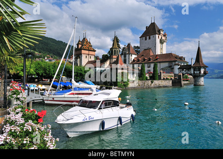 Imbarcazioni da diporto e Swiss castello di Oberhofen lungo il Thunersee / Lago di Thun in Alpi Bernesi, Berner Oberland, Svizzera Foto Stock