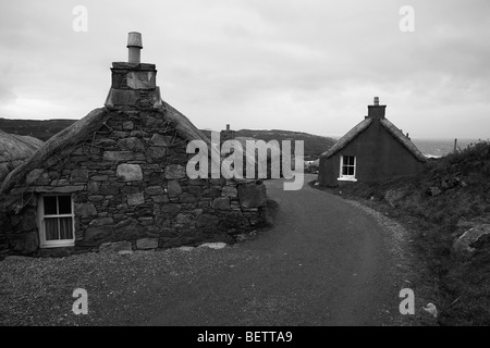 Nero con il tetto di paglia house village,Na Gearrannan,Gearrannan bay,Isle of Lewis,Western Isles,Ebridi Esterne,Scozia,UK. Foto Stock