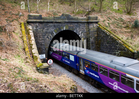 Il treno entra nel portale ovest del Tunnel Totley alla stazione Grindleford,Superiore Padley vicino Grindleford nel Derbyshire Foto Stock