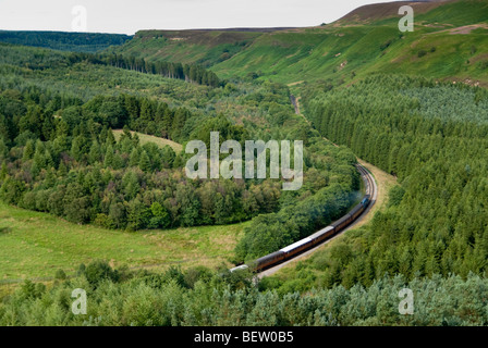 'Sir Nigel Gresley' A4 Pacific tira un treno in direzione nord attraverso Newton Dale sulla North York Moors railway, nello Yorkshire, Regno Unito Foto Stock