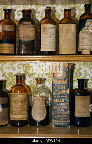 Bottiglie all'interno di Sherbrooke Drug Store di Sherbrooke Village Museum (un restaurato 1860's macchinoso e la cantieristica navale europea) Foto Stock